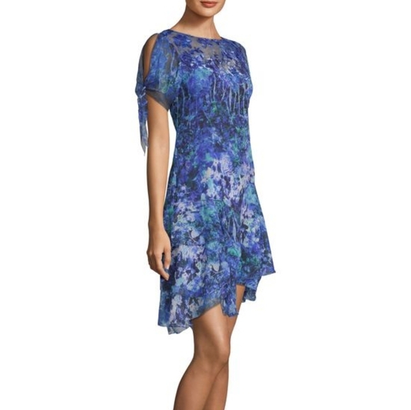 Elie Tahari Blue Vibrant Floral Silk Chiffon Asymmetric Tiered Flowy Mini Dress - Picture 1 of 16